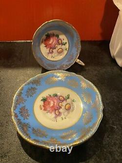 Rare Antique 1930s Paragon Turquoise Gold Rose Flower Tea Cup Saucer