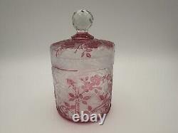 Rare Antique BACCARAT Eglantier Covered Powder Box Acid Glass Pink Dog Rose