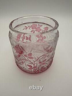 Rare Antique BACCARAT Eglantier Covered Powder Box Acid Glass Pink Dog Rose