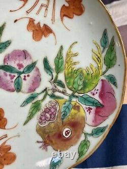 Rare Antique Chinese Famille Rose Dish Plate Sanduo, Jiaqing Period, Marked