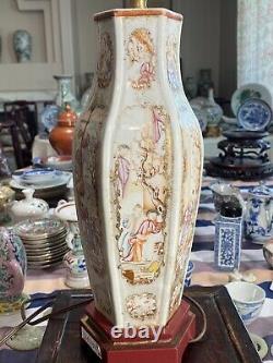 Rare Antique Chinese Famille Rose Mandarin Hexagon Vase Lamp 18th C