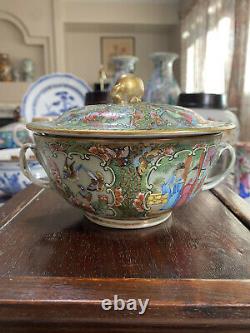 Rare Antique Chinese Famille Rose Medallion Celadon Tureen Lidded Bowl