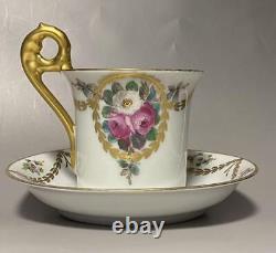 Rare Antique Dresden Hand-Painted Rose Cup & Saucer