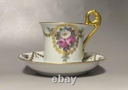 Rare Antique Dresden Hand-Painted Rose Cup & Saucer