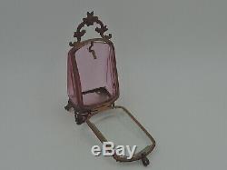 Rare! Antique French Rose Pink Bevelled Glass Ormolu Watch Fob Holder Casket