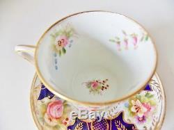 Rare Antique Longton English Hand Painted Cobalt Cup And Saucer Pink Roses Gold