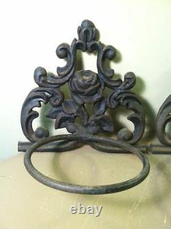 Rare Antique Pair of Heavy Cast Iron Wall Hanging Planter Flower Pot Holder Rose