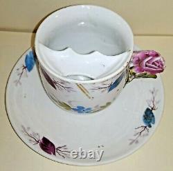 Rare Antique Victorian ROSE HANDLE, Hand Painted Floral MUSTACHE CUP & Saucer
