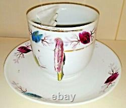 Rare Antique Victorian ROSE HANDLE, Hand Painted Floral MUSTACHE CUP & Saucer