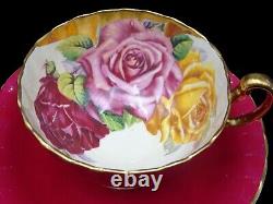 Rare Aynsley Cabbage Rose Cup & Saucer Large Red, Pink & Yellow Cabbage Roses