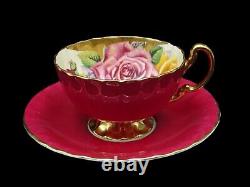 Rare Aynsley Cabbage Rose Cup & Saucer Large Red, Pink & Yellow Cabbage Roses