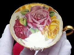 Rare Aynsley Cabbage Rose Cup & Saucer Large Red, Pink & Yellow Cabbage Roses