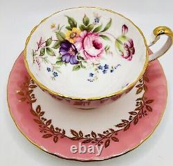 Rare Aynsley Cabbage Rose Morning Glory Pink Gold Trim Cup & Saucer Teacup