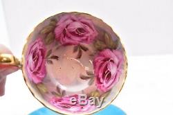 Rare Aynsley Cup Saucer 4 Cabbage Roses Gold England Pink Turquoise Blue