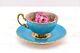 Rare Aynsley Cup Saucer 4 Cabbage Roses Gold England Pink Turquoise Blue Teacup