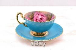 Rare Aynsley Cup Saucer 4 Cabbage Roses Gold England Pink Turquoise Blue teacup