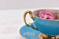 Rare Aynsley Cup Saucer 4 Cabbage Roses Gold England Pink Turquoise Blue teacup