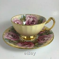 Rare Aynsley England Bone China Pink Cabbage Rose Footed Teacup and Saucer