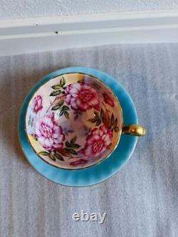 Rare Aynsley Pink Rose Light Blue Tea cup & saucer made in England