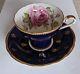 Rare Aynsley Tea Cup & Saucer Cobalt Blue Pink Cabbage Rose Fleur-de-lis