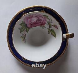 Rare Aynsley Tea Cup & Saucer Cobalt Blue Pink Cabbage Rose Fleur-De-Lis