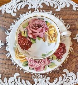 Rare Aynsley triple cabbage rose teacup pink red yellow