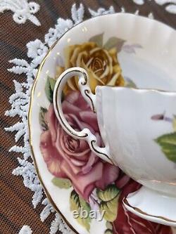 Rare Aynsley triple cabbage rose teacup pink red yellow