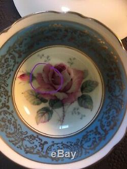Rare Blue Paragon Tea Cup And Saucer With Large Pink Cabbage Rose Centre