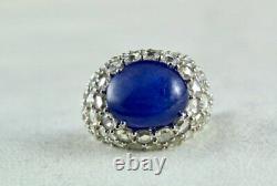 Rare Blue Sapphire Cabochon 20.24ct With Rose Cut Cubic Zirconia 925 Silver Ring