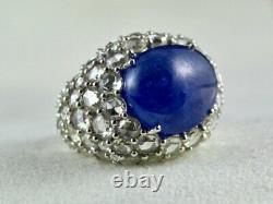 Rare Blue Sapphire Cabochon 20.24ct With Rose Cut Cubic Zirconia 925 Silver Ring