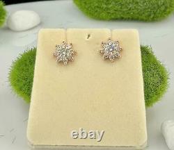 Rare Brilliant Cut 1.05CT Cubic Zirconia In 10K Rose Gold Flower Halo Earrings