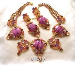Rare CZECH Rose Pink & Purple Art Glass GP Rhinestone Glass Couture Necklace Set