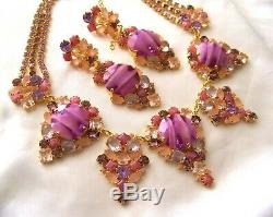 Rare CZECH Rose Pink & Purple Art Glass GP Rhinestone Glass Couture Necklace Set