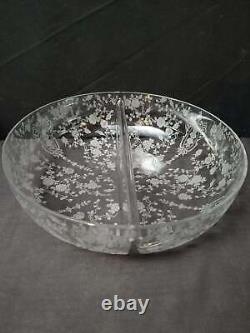 Rare Cambridge Rose Point Blown Divided Bowl 9 5/8 wide x 2.75 deep c. 1940 Thi