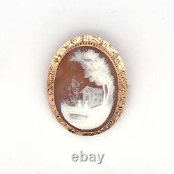 Rare Cameo Carved House Cottage Scene 10k Pink Rose Gold Pendant and Brooch