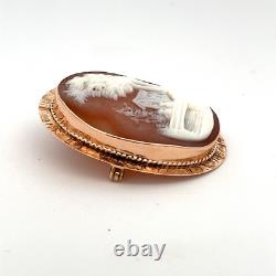 Rare Cameo Carved House Cottage Scene 10k Pink Rose Gold Pendant and Brooch