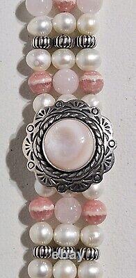 Rare Carolyn Pollack MOP Rose Quartz Pink Rhodochrosite Pearl Sterling Bracelet