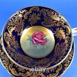 Rare Cobalt with Pink Cabbage Rose on Gold Center Paragon Tea Cup and Saucer Set