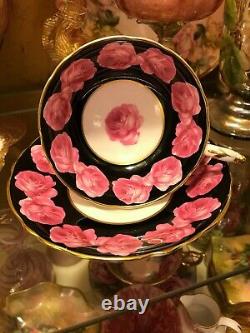 Rare Double Warrant Paragon Pink Cabbage Roses on Black Gold Tea Cup and Saucer