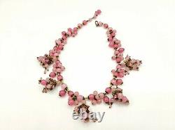 Rare Early Miriam Haskell Unsigned Pink Rose Quartz Glass Beads Brass Necklace