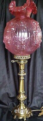 Rare Fenton Cranberry Glass Cabbage Rose Pattern XL Banquet Lamp 33 Gorgeous