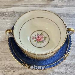 Rare Find! Aynsley Cream Soup Bowl & Saucer-Blue, Gold Trim & Pink Cabbage Rose