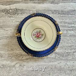 Rare Find! Aynsley Cream Soup Bowl & Saucer-Blue, Gold Trim & Pink Cabbage Rose