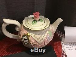 Rare Fitz & Floyd Omnibus Rose Teapot, Lace, Key, Clock, Stamps, Creamer Sugar