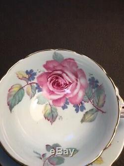 Rare Green Paragon Tea Cup And Saucer With Large Pink Cabbage Rose