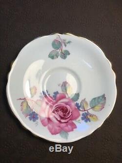 Rare Green Paragon Tea Cup And Saucer With Large Pink Cabbage Rose