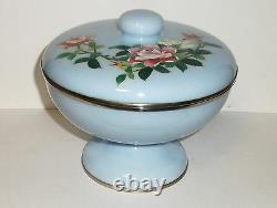 Rare Japanese Ando Sato Blue Cloisonne Enamel Pink Rose Compote Jar Bowl Box