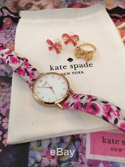 Rare Kate Spade Roses Leather Strap Metro Watch Plus Bow Ring & Earrings LOT