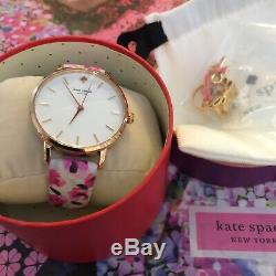 Rare Kate Spade Roses Leather Strap Metro Watch Plus Bow Ring & Earrings LOT