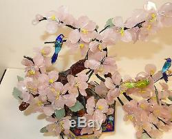 Rare Large Cloisonne Enamel Rose Quartz Jade Stone Blossom Tree With Birds